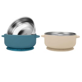 Wesketch 2 Pack Stainless Steel Baby Bowls with Removable Non-Slip Silicone Suction Shell, Anti Scald Food Container for Baby Food Feeding (2 Pack-Blue & Cream)