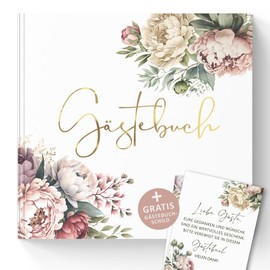 Trendanchor Guest Book for Filling in and Gluing Photos – Ideal for Bride and Groom Memories, JGA Games, Children's Birthday – Blank No Questions 72 Pages (Guest Book, 21 x 21 cm, Peonies)