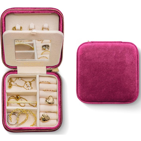 Plush Velvet Travel Jewelry Organizer Box | Travel Jewelry Case Small Jewelry Boxes for Women | Jewelry Travel Organizer, Jewelry Travel Case for Women | Earring Organizer with Mirror - Magenta