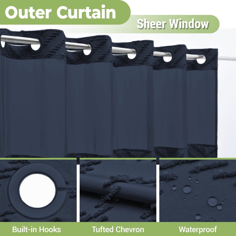 WONICY Extra Long No Hook Shower Curtain with Snap in