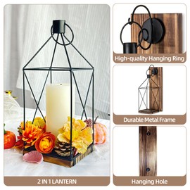 Staymoment Candle Sconces Wall Decor Set of 2: Farmhouse Wood Candle Holder - Indoor Black Metal Lantern Decorations for Living Room Front Porch Yard