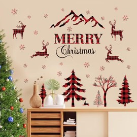 Merry Christmas Wall Decal Red & Black Buffalo Plaid Christmas Tree Wall Decal Sticker Christmas Deer Window Clings Snow Removable Home Decor Wall Mural Peel and Stick for Christmas Party Supplies