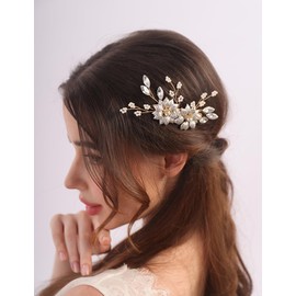 Teyglen Bridal Hair Clip Flower Crystal Hair Clip Barrette Floral Flower Pearl Hair Comb Handmade Gold Silver Crystal Pearl Hair Pieces Vintage Headpieces Hair Accessories for Bride Women Girls (Gold)