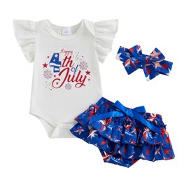FIOMVA My First 4th of July Baby Girl Outfit Newborn Romper Shorts Set Summer Toddler Ruffle Skirts Stars Print Clothes (A Happy 4th of July White, 0-3 Months)