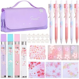 Crtiin Juego de 74 piezas de papelera Kawaii con diseo de flor de cerezo, bolsa de lpices japonesa Kawaii, lpiz mecnico, borradores de cereza,...     
