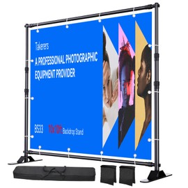 Takerers 10x10 ft Adjustable Backdrop Banner Stand, Extra Thick Heavy Duty Aluminum Alloy Background Stand Kit with Carry Bag & Sand Bags, Photography Frame Stand for Trade Show Photo Booth Parties