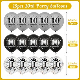 onehous 10th Birthday Balloons for Him Her, Decorations Boys and Girls Black Silver Latex Confetti Balloons, Happy Anniversary 10 Years Old Party Supplies