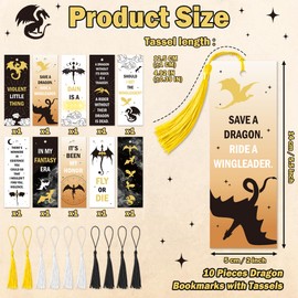 BHronony Dragon Bookmarks for Book Lover - 10pcs Wing Dragon Merch Book Marks Bulk with Tassels for Bookish Gift, Fantasy Double-Sided Bookmark with Inspirational Quote for Novel Fans School Supplies