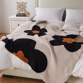 Soft Plush Floral Fleece Beige Blanket - Big Flower Pattern Throw, Fuzzy Fleece Microfiber for Couch - Bedroom Decor Gift Blanket, 51"x71"