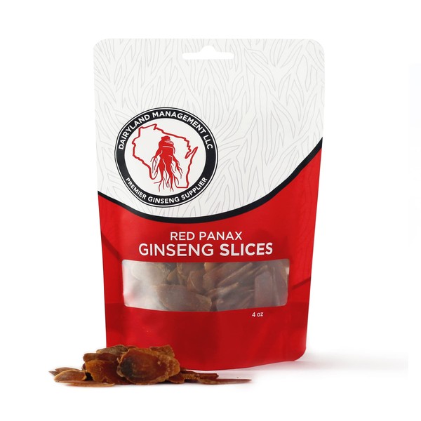 Dairyland Management Panax Ginseng Slices - 4 oz Pack of Red Panax Ginseng Slices - Authentic Panax Ginseng - Non-GMO, Gluten Free Ginseng Root Slices - Use This Herbal Supplement in Recipes (4 oz)