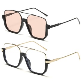 FLJMRAVER Vintage Square Oversized Aviator Sunglasses for Women Men Semi-Rimless Glasses 70s Trendy Stylish Shades, B2* Black / Champagne + Gold / Transparent, Adult