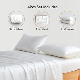 Candoury Satin Sheets Queen Bed Set 4 Pcs, Soft and Durable Pillowcase, Flat Sheet and Fitted Sheet, Hotel Luxury Silky Satin Sheets Set(Queen, Ivory)