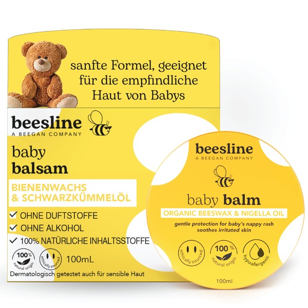 BEESLINE Baby Balm Organic Beewax & Nigella Oil, Baby Balm with Beeswax, Shea Butter and Black Cumin Oil, Beeswax Cream for Nappy Rash, Care for Sensitive Skin, Fat Cream, Beegan