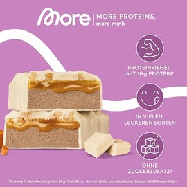 MORE Protein Bar, 10er Box, 10 x 50 g, White Chocolate Caramel Crunch, Protein Riegel ohne Zuckerzusatz