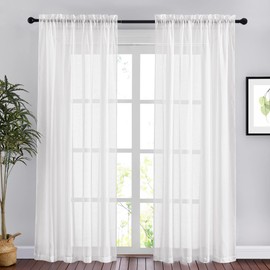 NICETOWN White Sheer for Large Windows - Rod Pocket Semi Sheer Flax Linen Textured Panels Privacy Protected Light Fitering for Living Room (W52 x L95, 1 Pair)