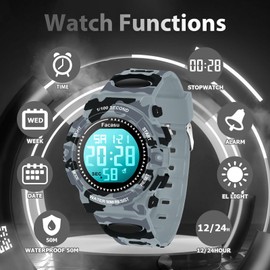 Facasu Camo Sports Watch for Boys-50M Waterproof Kids Teen Boys Digital Watch with Alarm&Snooze,Stopwatch Military Design Silicone Band Gift for Boys-8+ Years Old(Camo Gray)