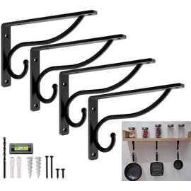 Closet Rod Bracket, 10 Inch Hook Shelf Brackets Heavy Duty Wall Mounted, Black Closet Rod Support Brackets for Curtains, Hanging Hook Kitchen, Garage Shelf Supports (4 Pack) (Black, 10 Inch)