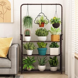 SORCEDAS Elevate Your Green Space: 3-Tier Indoor/Outdoor Hanging Plant Stand - Corner Ladder Shelf for Balcony, Garden, Patio & Room - Stylish Metal Flower Display for Multiple Plants - Color: 3 Tier With Hanging-DarkGrey