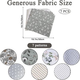 7Pcs Fabric Bundles, 50 x 50cm Fat Quarters Vintage Fabric Bundles Cotton Squares, Different Patterns Printed Craft Fabric for Sewing Quilting Patchwork DIY Crafts Handmade (Grey)