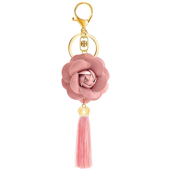 TUCEWP Flower Keychain for Women Girls Pink PU Leather Flower
