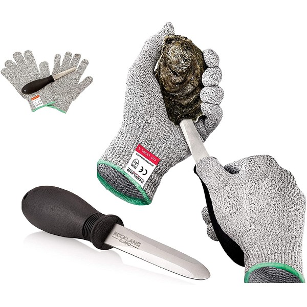 Rockland Guard Oyster Shucking Set- High Performance Level 5 Protection Food Grade Cut Resistant Gloves with 3.5’’ Stainless steel Oyster Knife, perfect set for shucking oysters