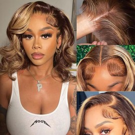 Body Wave Lace Front Wig Human Hair 16 Inch Wear and Go Glueless Wigs Human Hair 4x4 Lace Wigs Human Hair for Women 180% Density Brazilian Curly Human Hair Wig Blonde Ombre 4/27 Highlight Colour