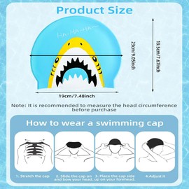 Cartoon Kinder Badekappen,2 Stück Badehaube aus Silikon Schwimmkappe Katze & Shark Badekappe, Wasserdicht Silikon Elastische Mädchen Schwimmmütze für Kinder Jungs Mädchenk mit Langen Haaren Rosa,Blau