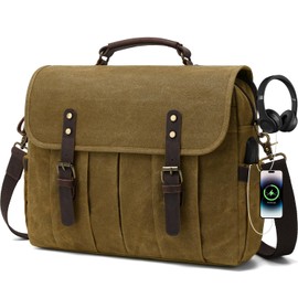 Vintage Mens Messenger Bag 15.6 inches Waterproof Genuine Leather Waxed Canvas Satchel Shoulder Bag Briefcase Laptop Bag with Charging,Headset Port,Khaki