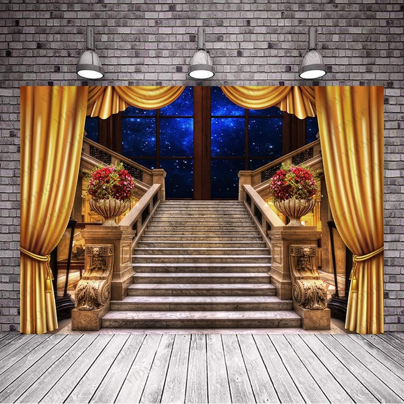 VIDMOT Old Castle Stairs Background for Party Decoration 7x5ft Golden