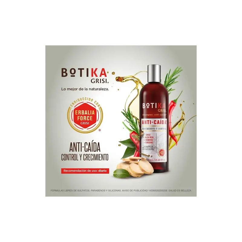 Botika Grisi Shampoo anticaída con Chile, Jalea Real, Romero y