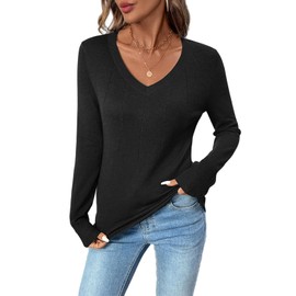 SHEWIN Womens Fall Fashion 2025 Casual V Neck Long Sleeve Pullover Sweater Tops Soft Lightweight Knit Sweaters for Women Trendy,US 12-14(L),Black