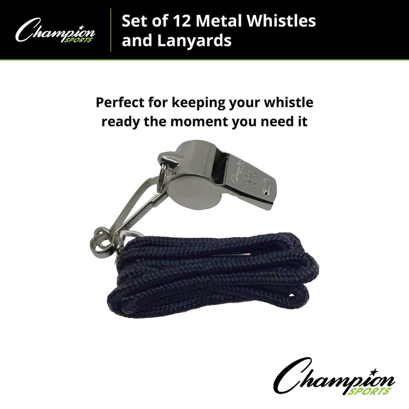 Champion Sports Metal Whistle with Lanyard - 12 Pack