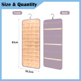 Tehttz Hanging Jewelry Organizer Roll with Hanger, Double Sided Jewelry Hanging Storage Holder with 48 Pouches and 21 Necklace Hooks, Necklace Holder Display Hanging on Wall Door Closet (Purple)