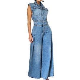 Cupitool Women's Sleeveless Denim Jumpsuits High Waisted Wide Leg Jumpsuit Summer Jean Pants Rompers