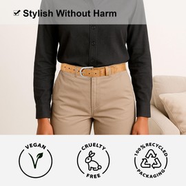 Corkor Women's Cork Belt 1 1/8" – Brown or Black Strap with Silver or Gold Nickel-Free Buckle, Vegan, Lightweight, Light Brown Strap / Silver Buckle, XXL - (Fits waist 43-46")