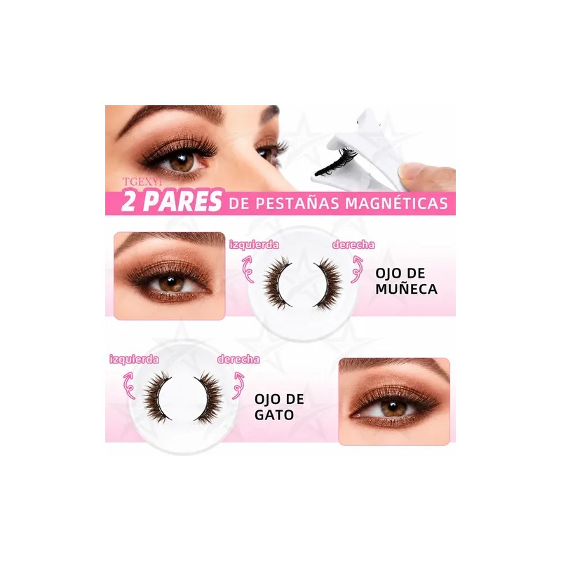 2 Pares Pestañas Magnéticas Natural Reutilizables +aplicador