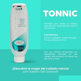 Linnia | Gel Reafirmante Corporal con Colágeno, Romero y Toronja 250ml – Fórmula Crema Tonificante con Aceite de Argán y Vitaminas A, E y D – Ayuda a la Apariencia de la Piel en Abdomen, Piernas y Glúteos