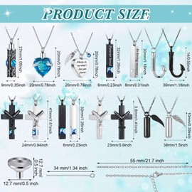 Huquary 16 Pcs Urn Necklace for Ashes Waterproof Stainless Steel Carved Ashes Locket with 8 Filling Kit Heart Cylinder Cross Cubic Fish Hook Jewelry for Ashes with Diamond for Men Women (Light Blue)