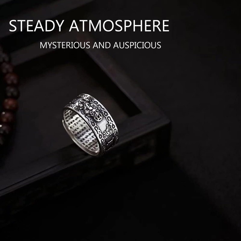 GAUEIOUR Feng Shui Ring Silver,Pixiu Lucky Silver Jewelry,Mani Mantra Protection