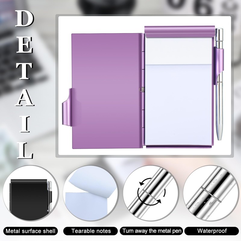 Zonon 6 Pieces Metal Pocket Notebook Aluminum Notepad with Pen