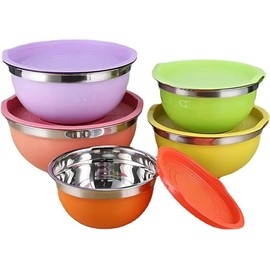 LICITE USA Set of 5 Colorful Stainless Steel Mixing Bowls with Matching Lids – Nesting Design for Space-Saving Storage, Ideal for Cooking, Baking, and Meal Prep