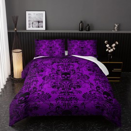 Nttopship Adults Violet Gothic Comforter Set King Size,Vintage Damask Floral Bedding Set 3Pcs,Bohemia Bedding Set Goth Skull Printed Quilted Set for Teens Adult with 1 Comforter and 2 Pillowcase