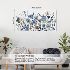 LUEAXRG Floral Wall Art - Abstract Flowers Canvas Pictures for Living Room Wall Decor, Indigo Brown Botanical Prints Modern Nature Painting Artwork for Bedroom Kitchen Office Decor 20" x 40"