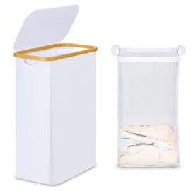 efluky Slim Laundry Basket with Lid, Narrow Laundry Hamper with Removable Bag, Skinny Dirty Clothes Basket with Bamboo Handles for Bathroom, Bedroom & Laundry Room, 65L White