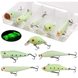 Luminous Fishing Lures Bait with Box,10pcs Including VIB Popper Crankbait Minnow Pencil Hard Bait 3D Fishing Eyes with Treble Hook Night Glow Fishing Bait for Saltwater Freshwater