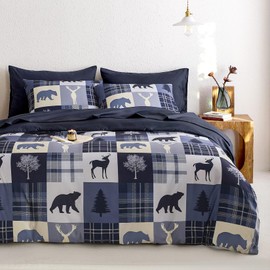 Wake In Cloud - Rustic Duvet Cover Set, Cabin Christmas Lodge Western Country Bear Deer Holiday RV Outdoor Winter Theme, Soft Lightweight Bedding, 3-Piece, Blue Beige, King Size
