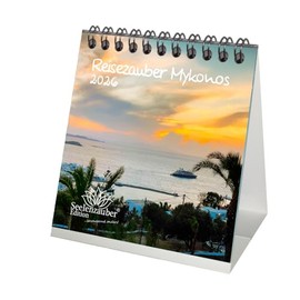 Travel Magic Mykonos Desk Calendar 10 cm x 10 cm for 2026 Chora Greece Beach Holiday Set Contents: 1 x Calendar, 1 x Christmas Pendant (2 Pieces)