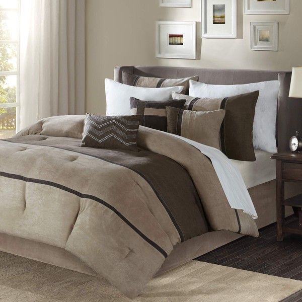 Madison Park Palisades King Size Bed Comforter Set Bed In A Bag - Brown, Taupe , Pieced Stripe – 7 Pieces Bedding Sets – Micro Suede Bedroom Comforters