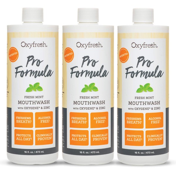 Oxyfresh Pro Formula Fresh Mint Mouthwash – Patented Zinc Mouthwash for Fresh Breath & Healthy Gums – Dye Free, Fluoride Free, Alcohol Free Mouthwash – 3 Bottles, 16 oz. ea.