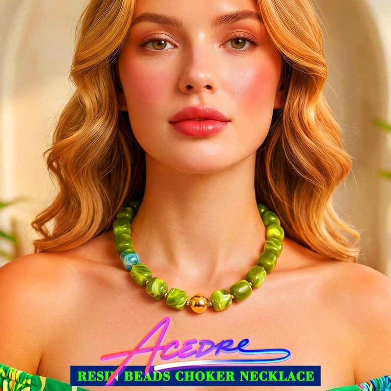 ACEDRE Chunky Beaded Choker Necklace Acrylic Square Beads Necklaces Beach